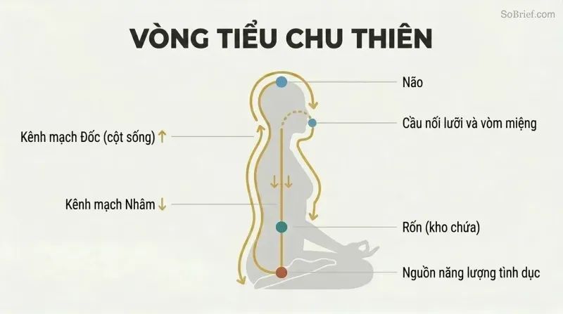 Circular energy pathway traced over a human silhouette in profile, flowing up the spine to the brain and down the front to the navel in a continuous loop.