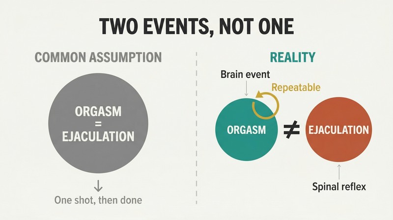 Split panel showing orgasm and ejaculation as a single fused circle on the left versus two distinct separated circles on the right, revealing they are independent events.