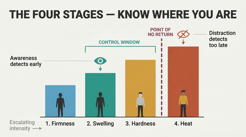 Ascending four-stage bar chart with a threshold line between stages three and four, showing awareness detecting signals early versus distraction detecting too late.