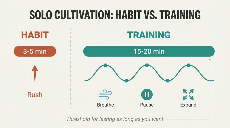 Split panel comparing a rushed 3-5 minute habit on the left with a mindful 15-20 minute training practice on the right, using contrasting time bars and technique icons.