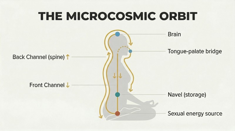 Circular energy pathway traced over a human silhouette in profile, flowing up the spine to the brain and down the front to the navel in a continuous loop.