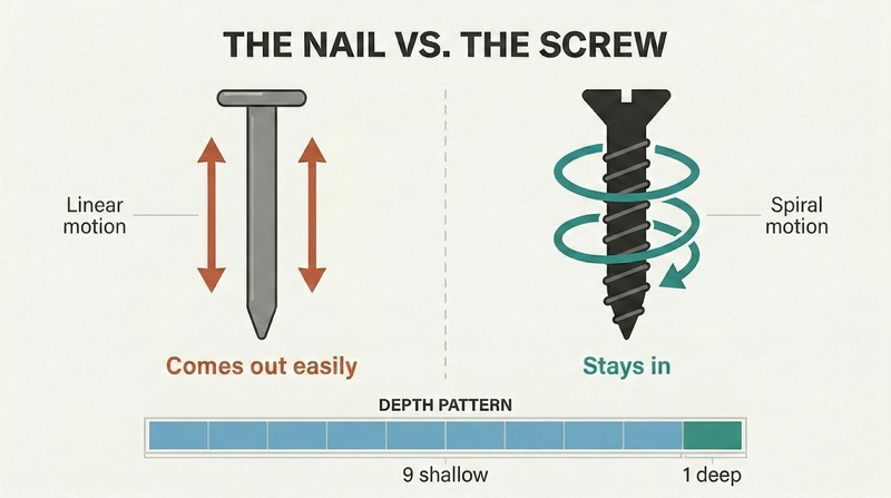Split comparison showing a nail with straight linear arrows on the left versus a screw with spiral circular arrows on the right, with a depth ratio bar below showing nine shallow to one deep.