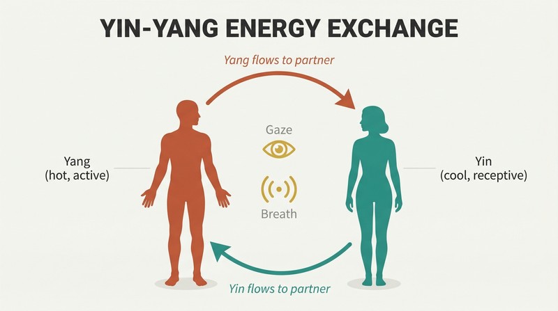 Two facing silhouettes connected by a circular loop of warm yang energy flowing one direction and cool yin energy flowing the other, forming a complete circuit.