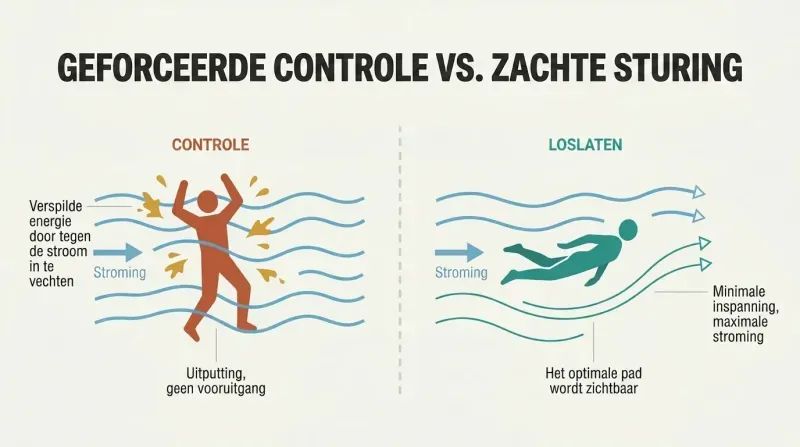 Split panel comparing a figure thrashing against a river current on the left with a figure calmly floating along the same current on the right, revealing the optimal path ahead.
