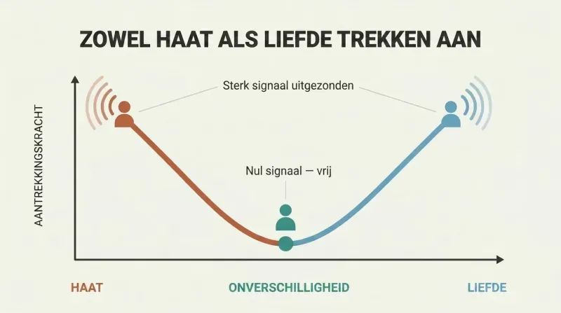 U-shaped curve over an emotional spectrum showing that both hate and love produce high attraction signal strength, while indifference at the center produces none.