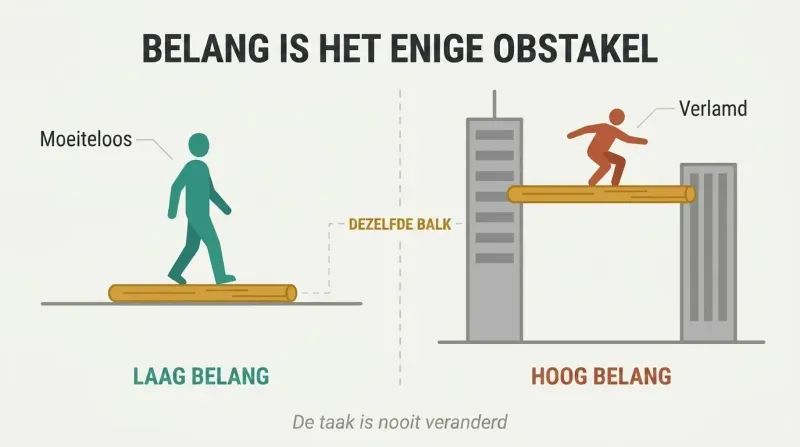 Split panel comparing a person walking confidently on a log on the ground versus the same person frozen on an identical log stretched between two skyscrapers.