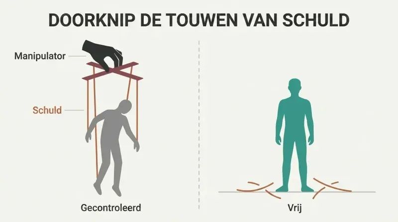 Split panel comparing a silhouette figure controlled by puppet strings from above against a free-standing figure with severed strings at its feet.