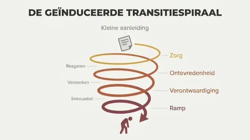 Downward spiral widening from a small news trigger at top through escalating emotional reactions to catastrophic life outcomes at bottom.