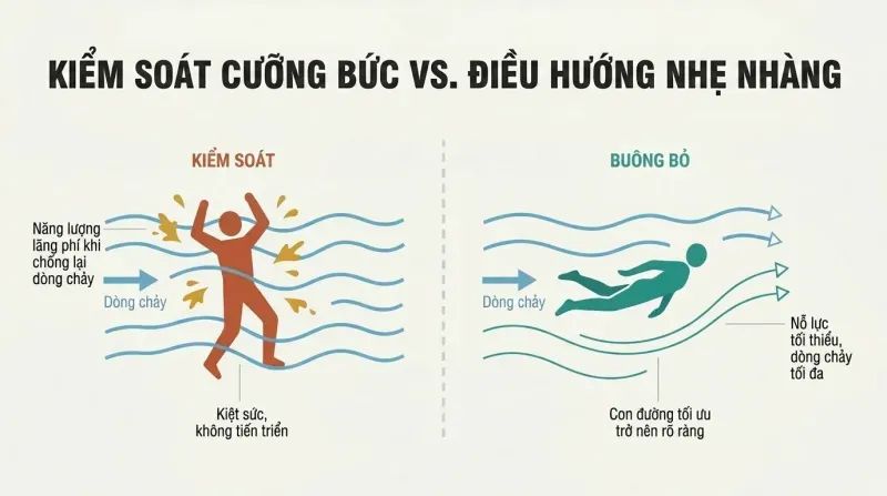 Split panel comparing a figure thrashing against a river current on the left with a figure calmly floating along the same current on the right, revealing the optimal path ahead.