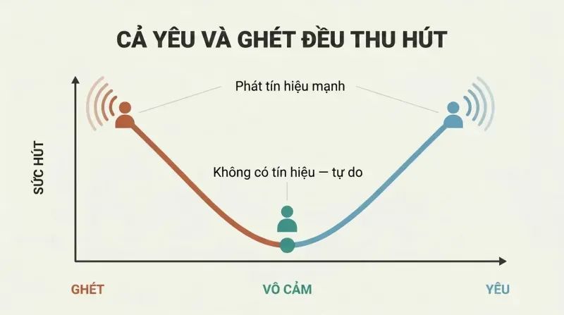 U-shaped curve over an emotional spectrum showing that both hate and love produce high attraction signal strength, while indifference at the center produces none.