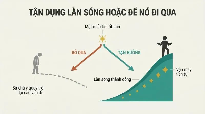 Fork diagram showing a small piece of good news diverging into two paths: dismissing it leads to a flat declining line, while savoring it builds into a rising wave of accumulating fortune.