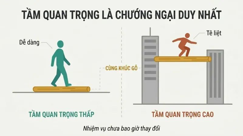 Split panel comparing a person walking confidently on a log on the ground versus the same person frozen on an identical log stretched between two skyscrapers.