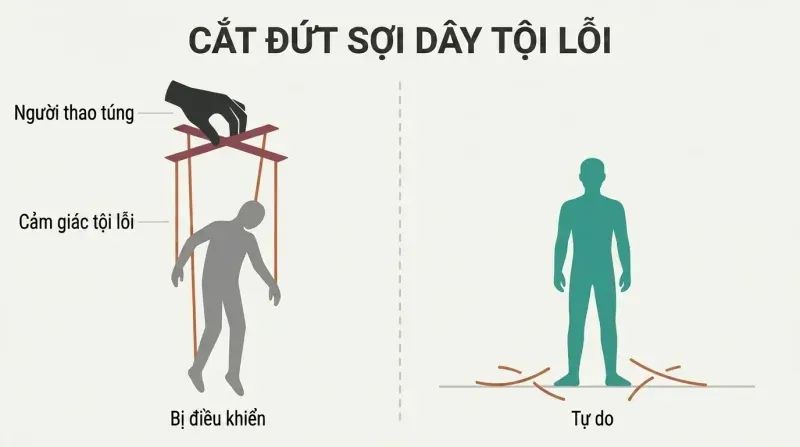 Split panel comparing a silhouette figure controlled by puppet strings from above against a free-standing figure with severed strings at its feet.