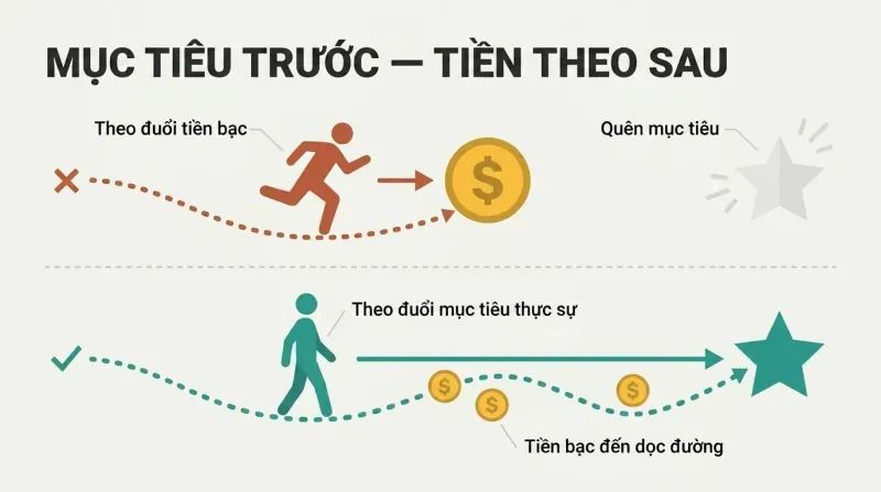 Split panel comparing two paths: chasing money directly leads nowhere, while pursuing your true goal attracts wealth as a side effect along the way.
