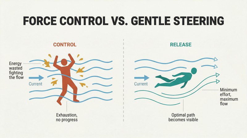 Split panel comparing a figure thrashing against a river current on the left with a figure calmly floating along the same current on the right, revealing the optimal path ahead.