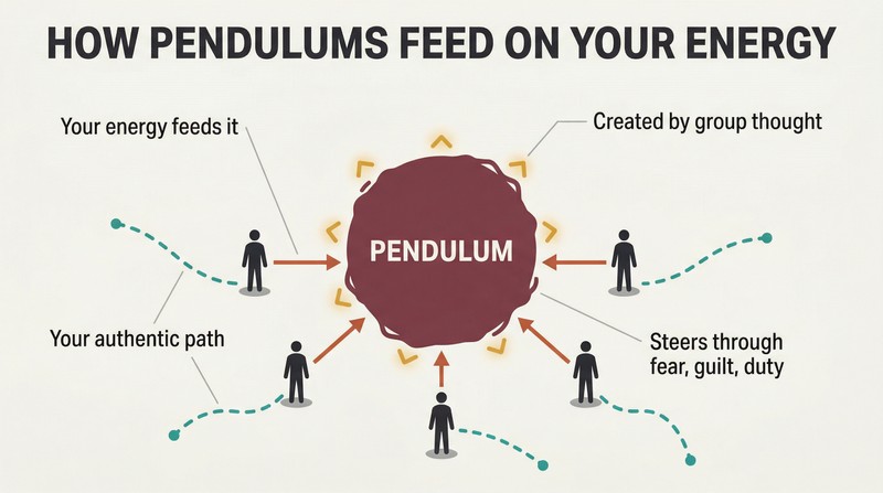 Hub-spoke diagram showing small human figures being pulled toward a large central mass, their energy flowing inward while their authentic paths fade behind them.