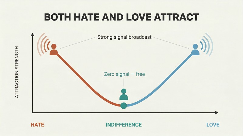 U-shaped curve over an emotional spectrum showing that both hate and love produce high attraction signal strength, while indifference at the center produces none.