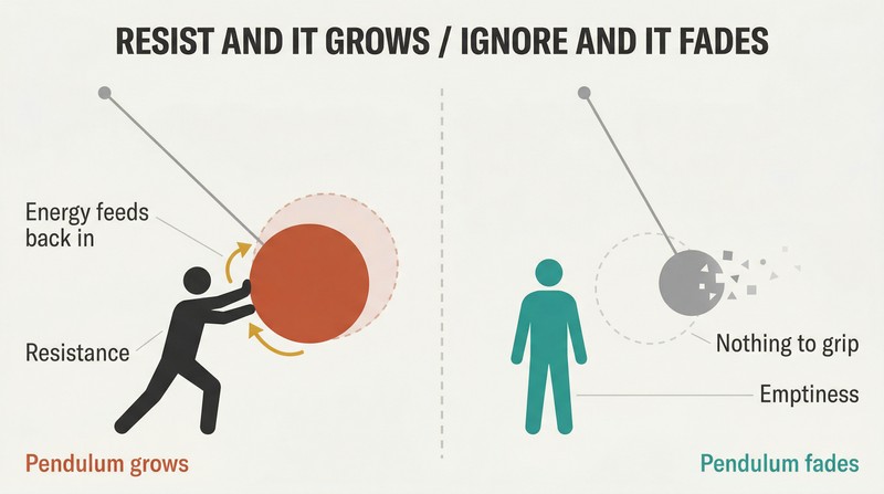 Split panel comparing a figure blocking a swinging pendulum that grows larger versus a figure stepping aside as the pendulum swings through into emptiness and shrinks.