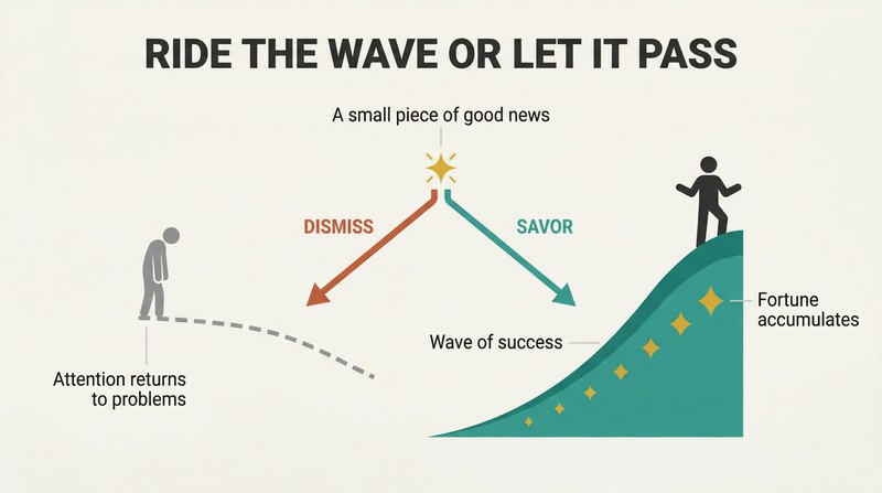 Fork diagram showing a small piece of good news diverging into two paths: dismissing it leads to a flat declining line, while savoring it builds into a rising wave of accumulating fortune.
