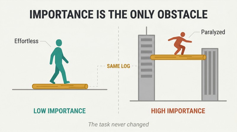 Split panel comparing a person walking confidently on a log on the ground versus the same person frozen on an identical log stretched between two skyscrapers.