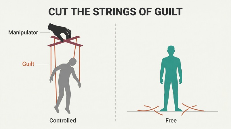 Split panel comparing a silhouette figure controlled by puppet strings from above against a free-standing figure with severed strings at its feet.