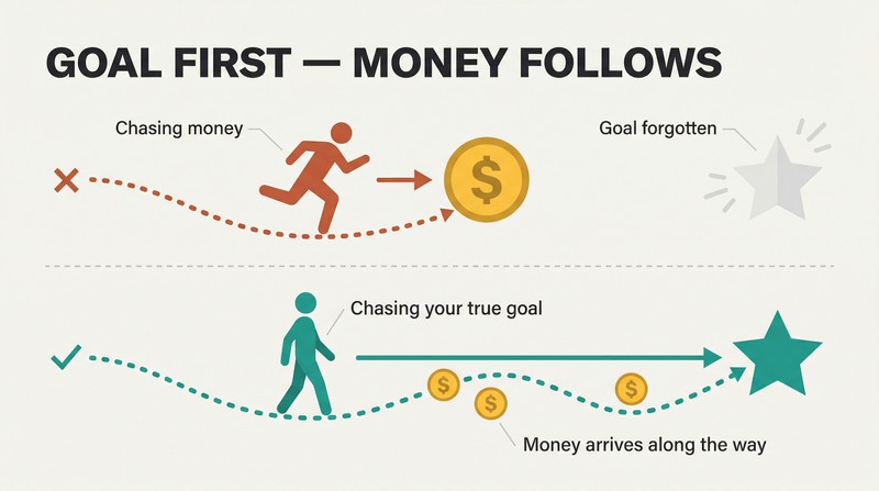 Split panel comparing two paths: chasing money directly leads nowhere, while pursuing your true goal attracts wealth as a side effect along the way.
