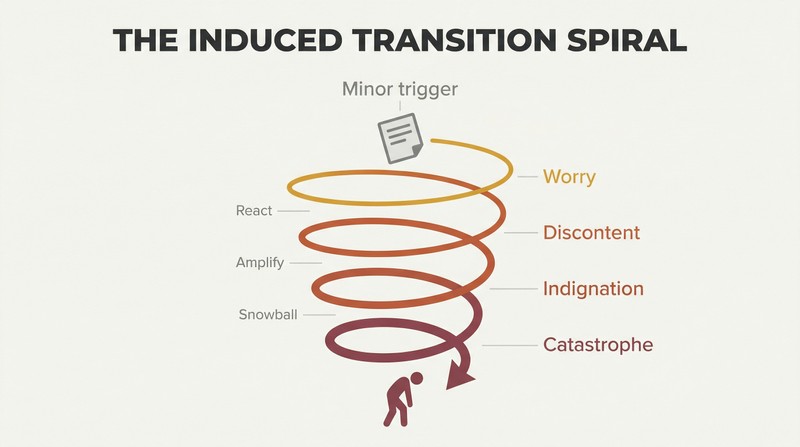 Downward spiral widening from a small news trigger at top through escalating emotional reactions to catastrophic life outcomes at bottom.