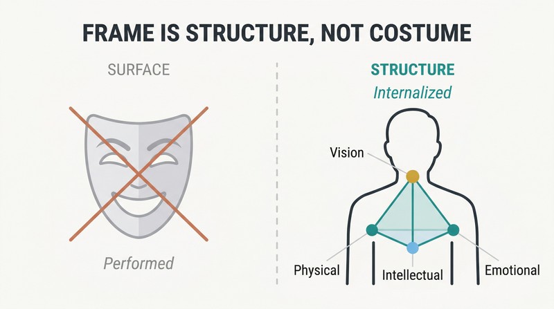 Split comparison showing a discarded theatrical mask on the left versus a human silhouette with a visible internal tetrahedron skeleton of physical, intellectual, and emotional pillars supporting vision on the right.