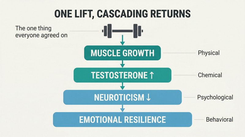 Cascading chain showing how lifting heavy triggers sequential benefits from muscle growth through testosterone to emotional resilience, each step wider than the last.