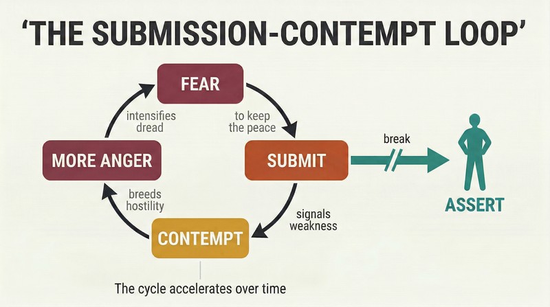 Circular feedback loop showing how fear leads to submission, then perceived weakness, then contempt, then more anger, cycling back to fear, with an assertiveness arrow breaking out of the cycle.