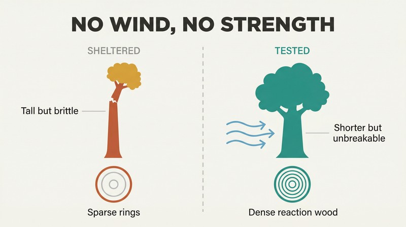 Split panel comparing a tall brittle tree snapping in sheltered calm against a shorter dense-trunked tree thriving under wind, with cross-sections revealing sparse versus dense growth rings.