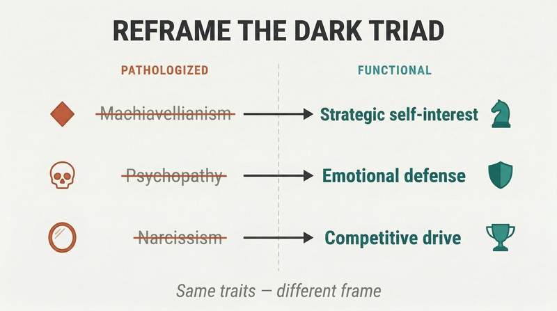 Three parallel rows each showing a dark triad trait crossed out on the left with its reframed functional version highlighted on the right, connected by arrows.