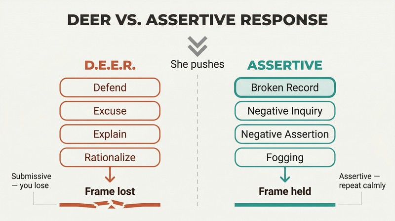 Split panel comparing four submissive DEER reactions that collapse frame on the left against four assertiveness tools that hold frame on the right.