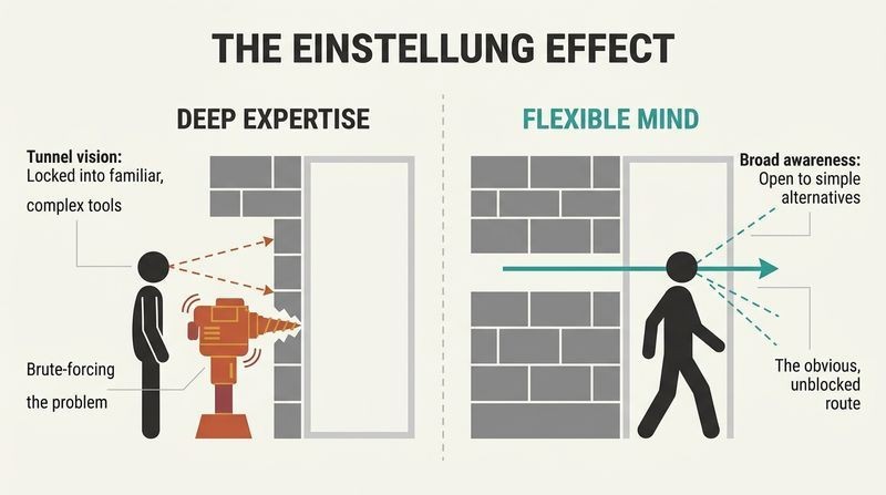 Split panel diagram comparing a specialist using a massive, complex drill to break through a solid wall while blind to an adjacent open door, versus a flexible thinker walking easily through the open door.