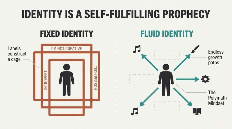Split panel comparison showing how rigid self-labels act as a cage while a fluid identity opens up endless paths of growth.