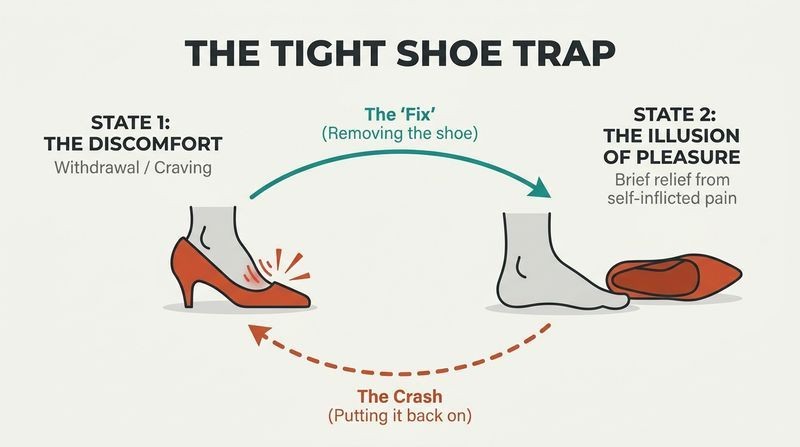 A cycle diagram using the tight shoe analogy to explain addiction, showing how taking off a painful shoe only provides a temporary illusion of pleasure before the cycle repeats.