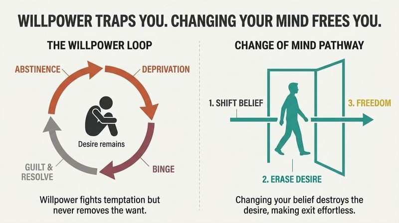 Split panel diagram comparing the endless loop of the willpower method with the linear escape path of changing your underlying beliefs.