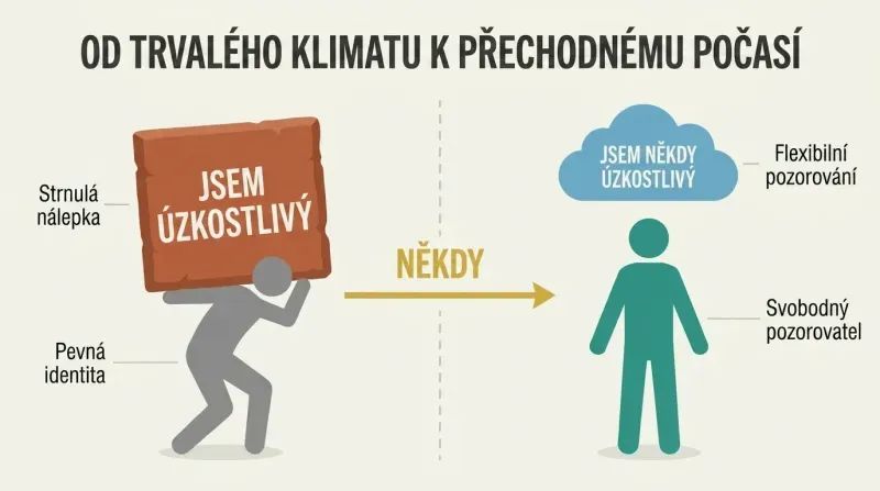 Split panel showing a figure weighed down by a rigid stone label on the left transforming into a free figure with the same words floating away as a cloud on the right, connected by the word sometimes.