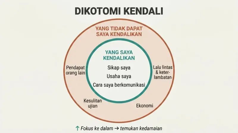 Two concentric circles sorting controllable actions like attitude and habits in the inner circle from uncontrollable factors like others' opinions in the outer ring.