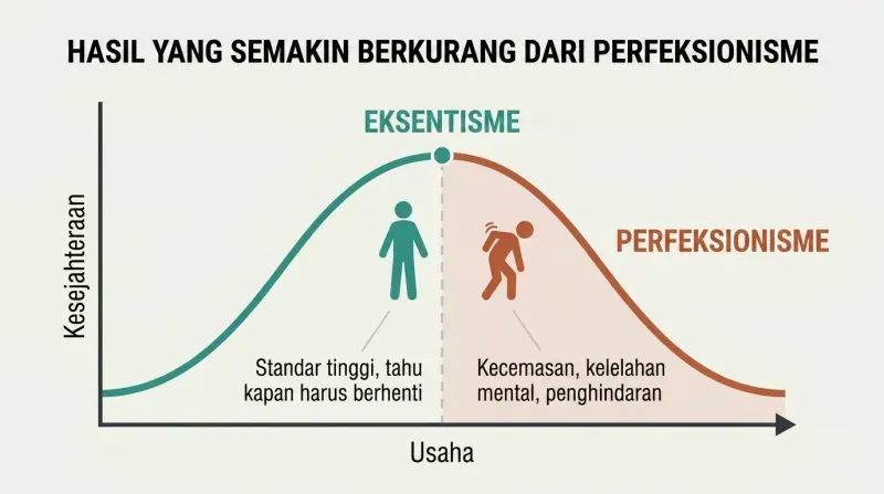 Curve rising to a peak labeled Excellentism then declining into a Perfectionism zone, showing how more effort past the optimum reduces well-being.