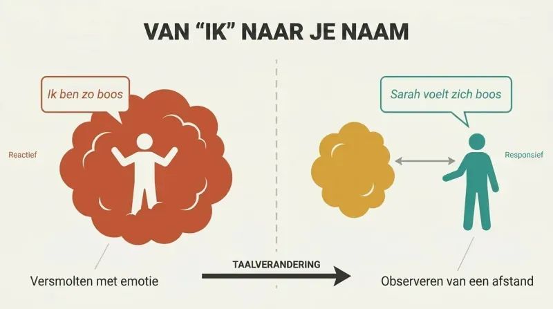 Split panel comparing a figure engulfed by an emotion cloud using first-person language versus a calm figure observing the same cloud from a distance using third-person language.