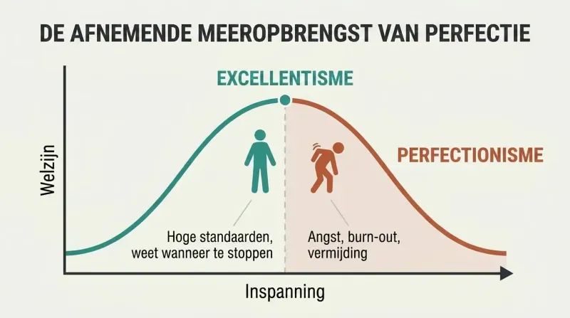 Curve rising to a peak labeled Excellentism then declining into a Perfectionism zone, showing how more effort past the optimum reduces well-being.