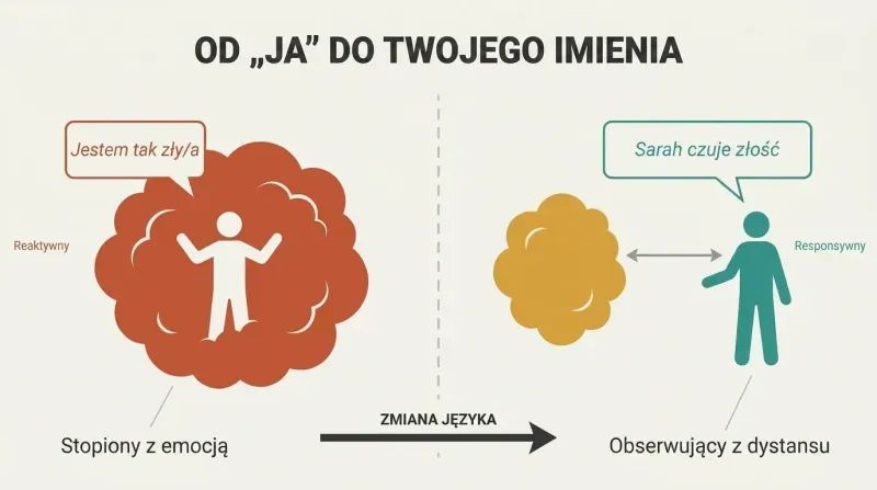 Split panel comparing a figure engulfed by an emotion cloud using first-person language versus a calm figure observing the same cloud from a distance using third-person language.