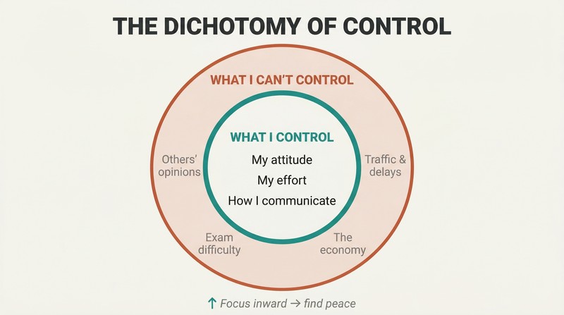 Two concentric circles sorting controllable actions like attitude and habits in the inner circle from uncontrollable factors like others' opinions in the outer ring.