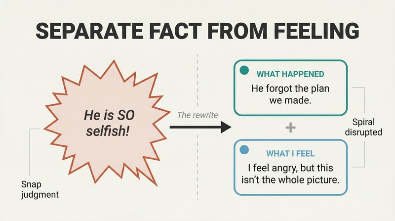 Transformation diagram showing a tangled snap judgment on the left decomposing through a rewrite arrow into two clean separated boxes for factual observation and acknowledged emotion on the right.