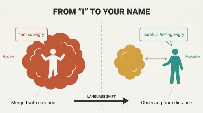 Split panel comparing a figure engulfed by an emotion cloud using first-person language versus a calm figure observing the same cloud from a distance using third-person language.