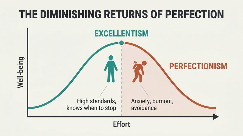 Curve rising to a peak labeled Excellentism then declining into a Perfectionism zone, showing how more effort past the optimum reduces well-being.