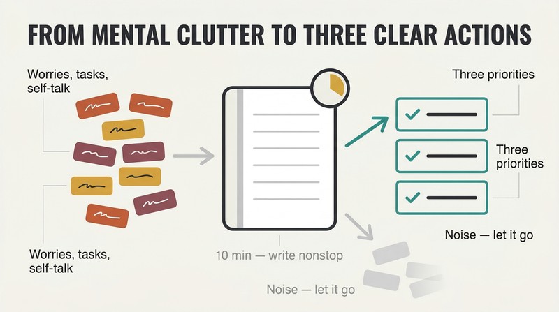 Horizontal flow showing scattered thought fragments funneling through a notebook into three clean action items, with discarded noise falling away below.