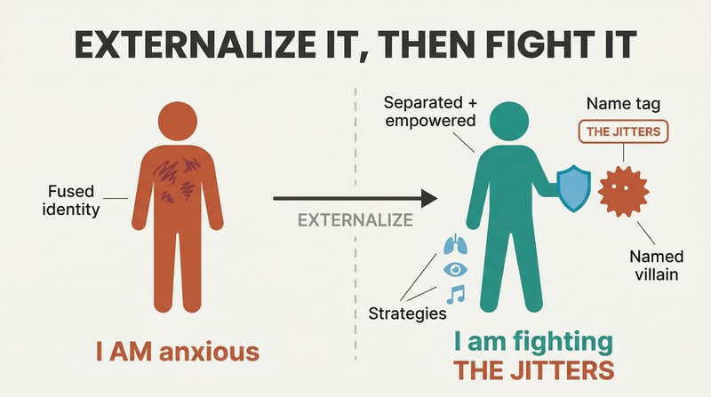 Split panel contrasting a person consumed by anxiety as identity on the left with a separated person facing a named anxiety villain and holding strategies on the right.