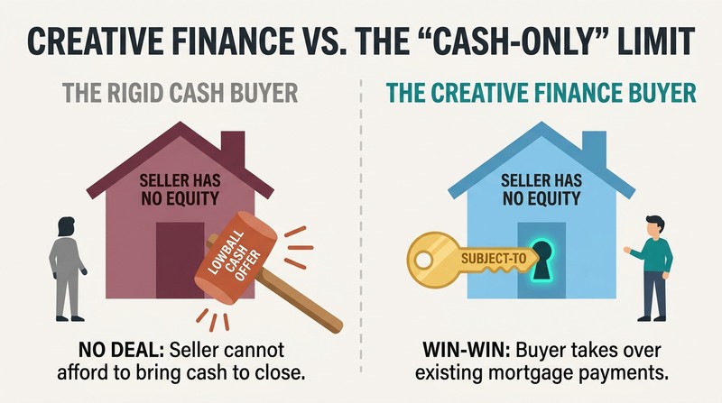 Split panel diagram comparing a traditional cash buyer's rigid mallet failing against a house with no equity, while a creative buyer uses a tailored 'Subject-To' key to successfully close the deal.
